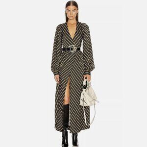 Ganni Viscose Stripe Wrap Maxi Dress in black